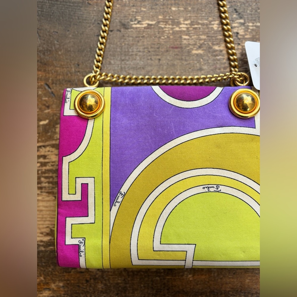 Vintage 70s Emilio Pucci Silk Gold Chain Handbag - Picture 4 of 12
